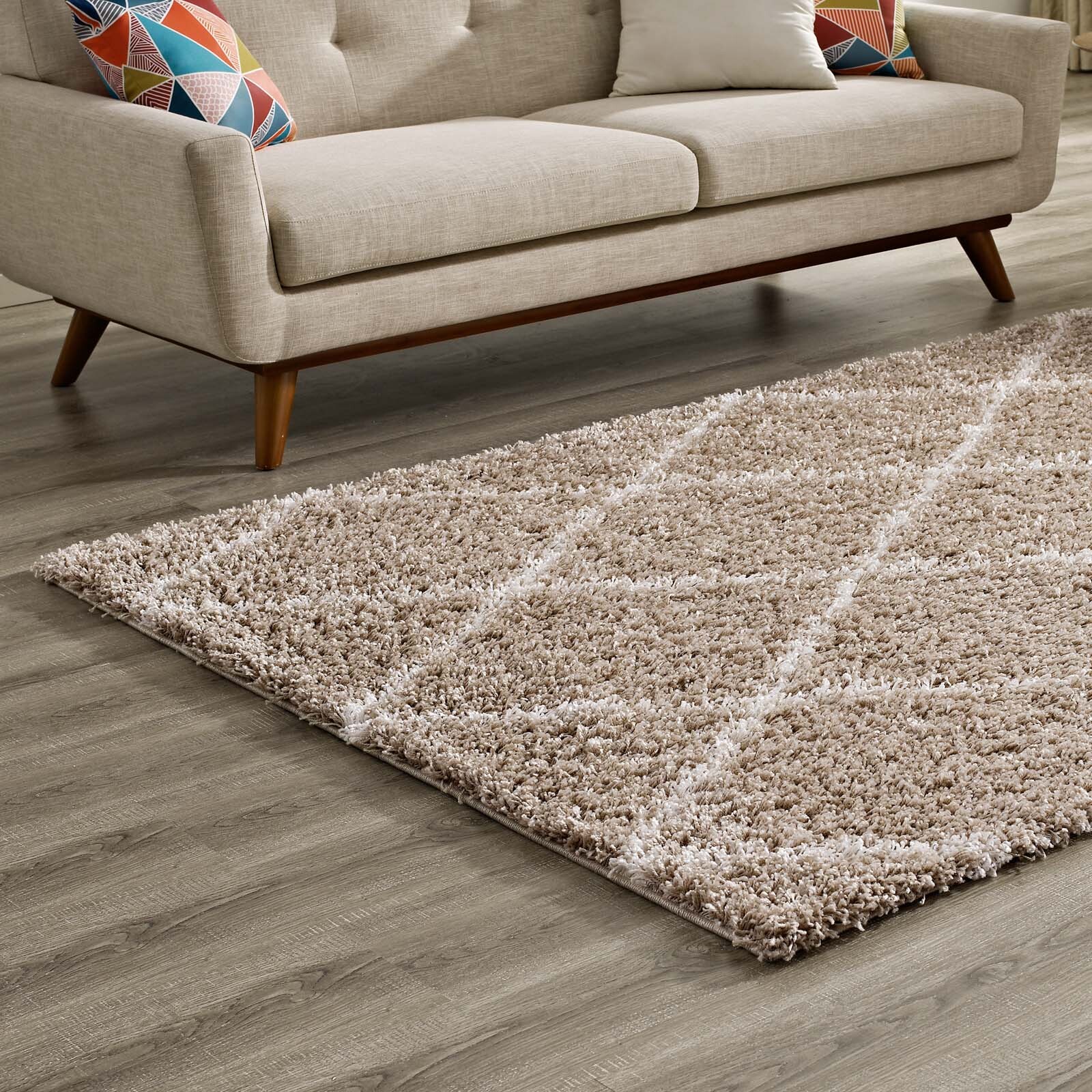 Modway Diamond Lattice Trellis High Pile Shag 5×8 Area Rug in Beige and Ivory