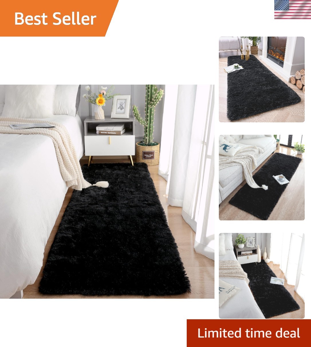 Elegant 2×10 Soft Plush Black Runner Rug for Bedroom & Living Room Decor