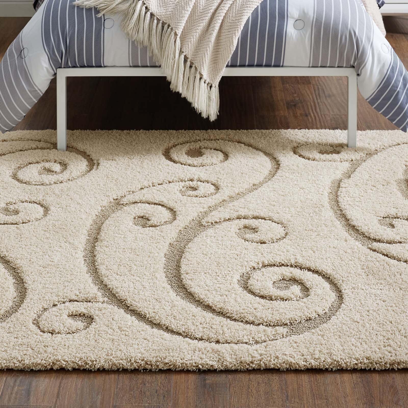 Modway Jubilant Sprout Scrolling Vine 5×8 Shag Area Rug in Creame and Beige