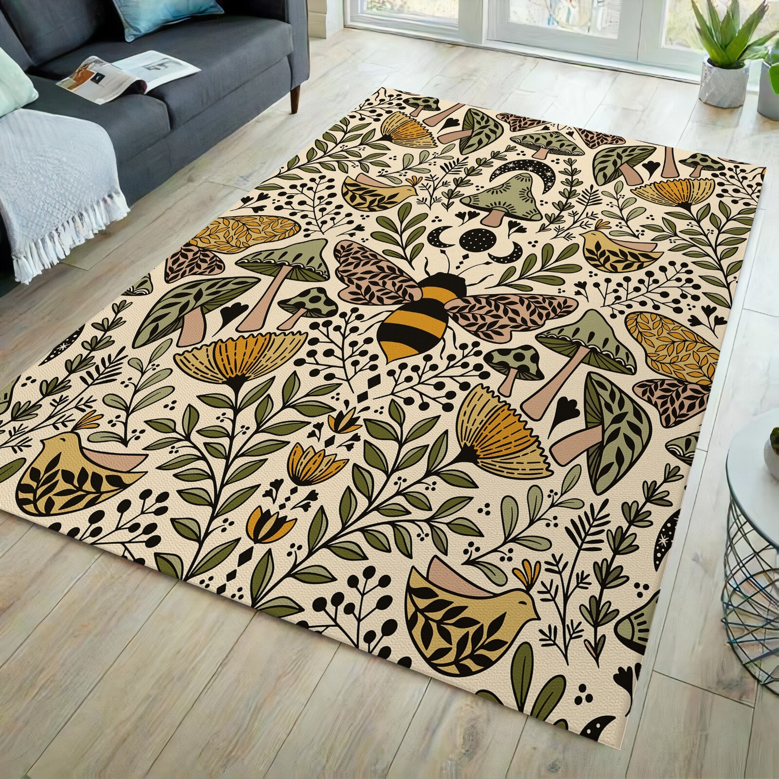 Bee rug, floral rug, beige rug, flower rug, forest rug