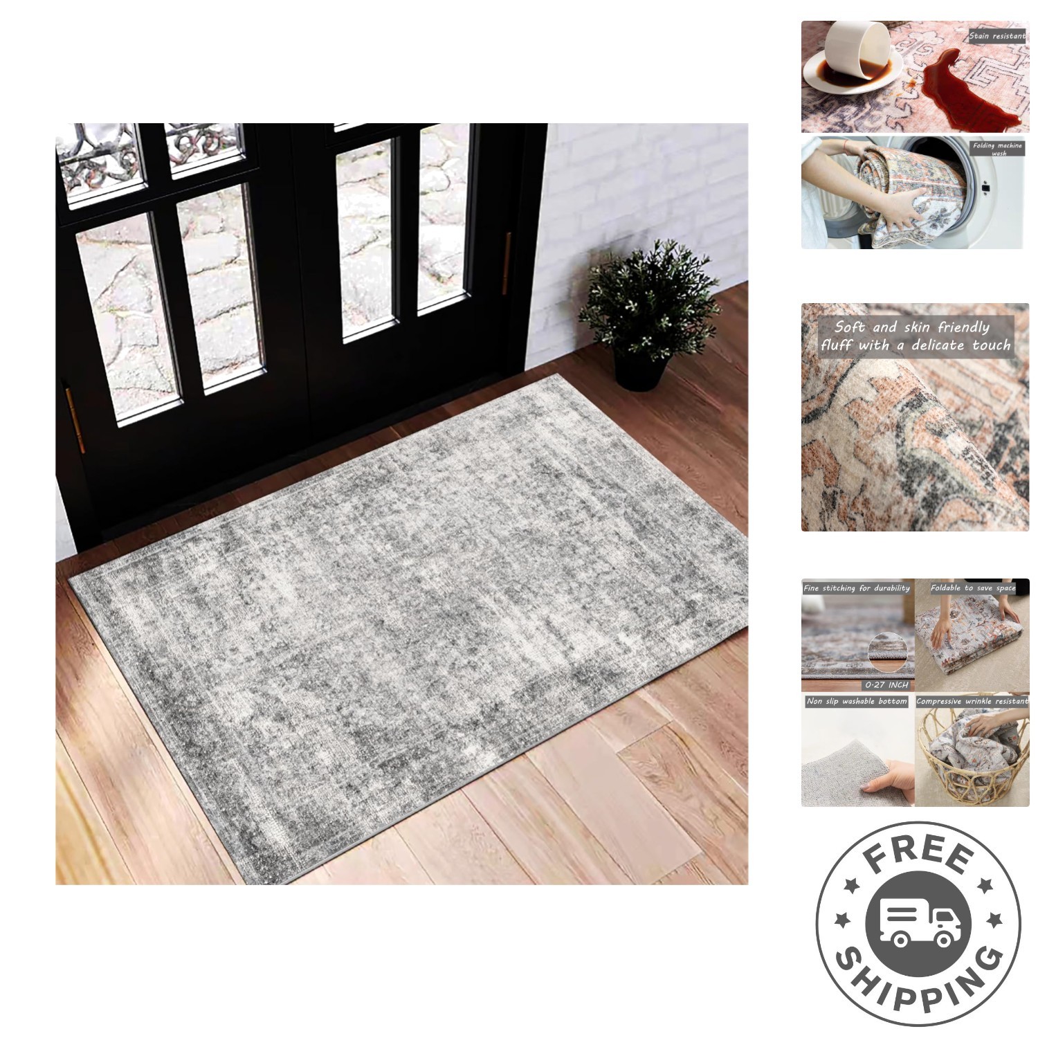 Boho Distressed Floral Rug 2×3 – Pet-Friendly Non-Slip Indoor Mat for All Rooms