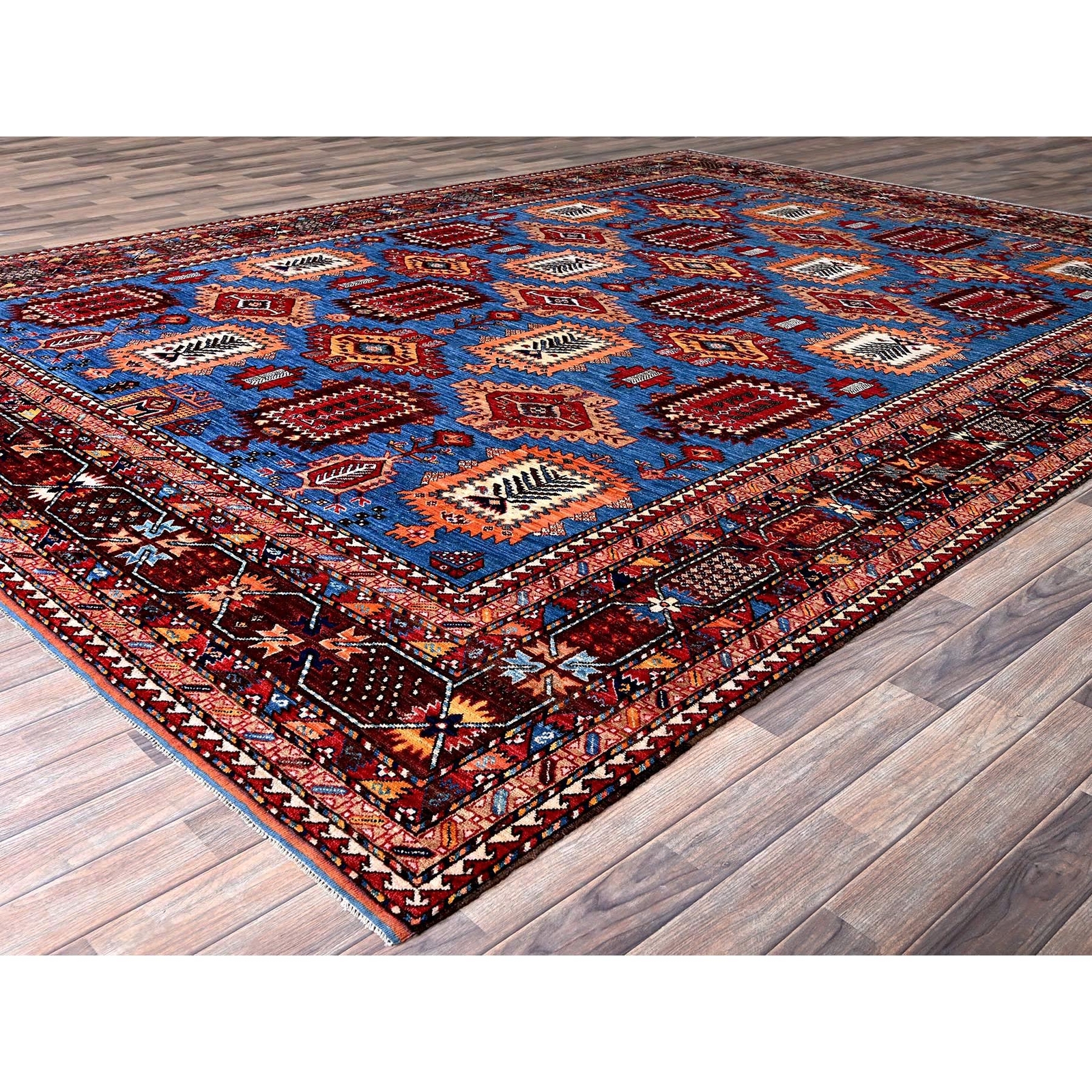 10’1″x13’4″ Blue Afghan Caucasian Design Revival Hand Knotted Soft Wool Rug R563