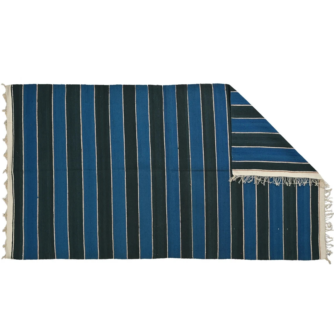 Punjabi Dhurrie Rug 3.6×6.6 ft Blue Black Striped Cotton Kilim Reversible Rug