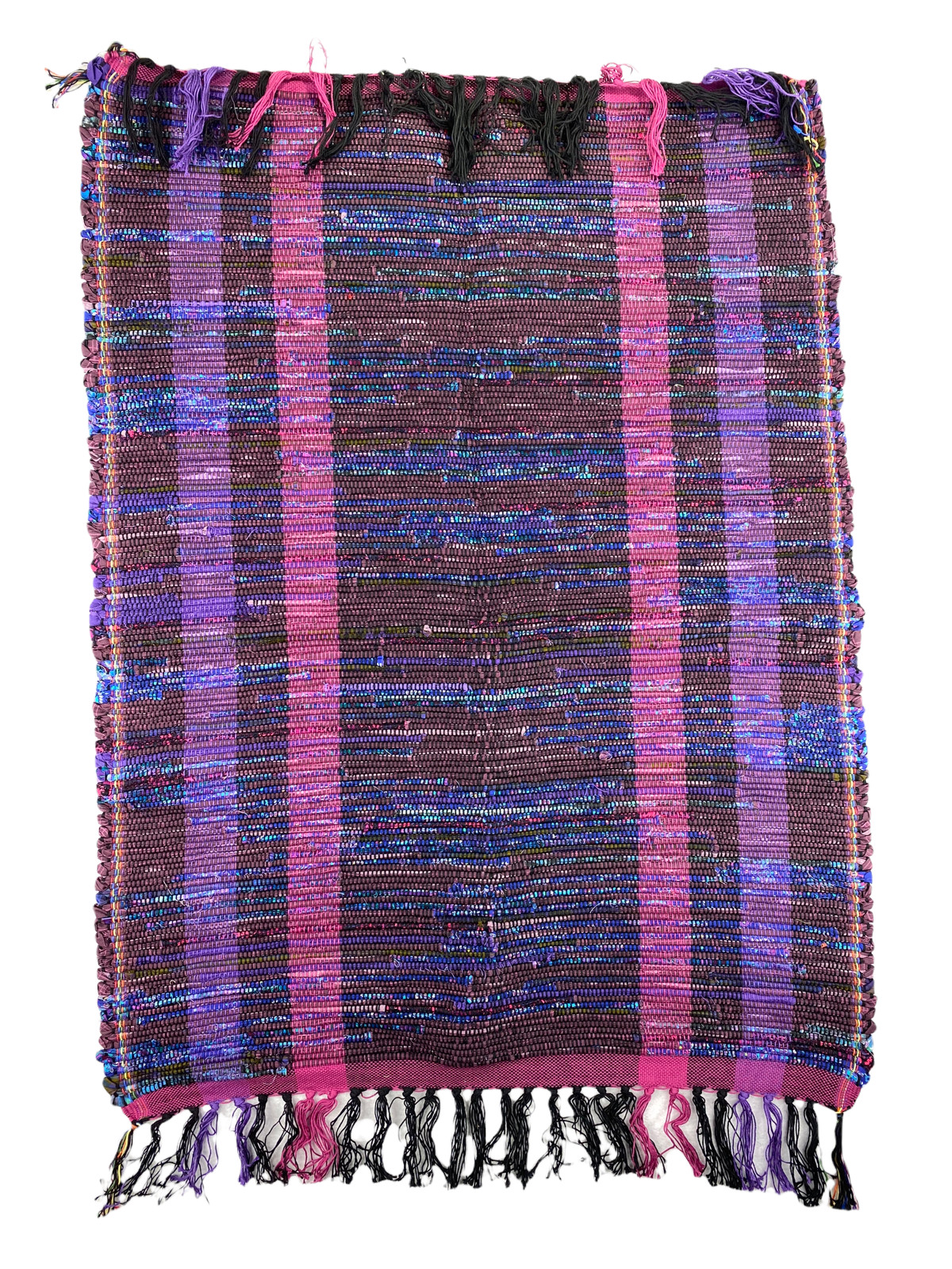 Handmade Loom Woven 30in x 50in Rug Purples Blue Black Cotton Warp Calico Fabric