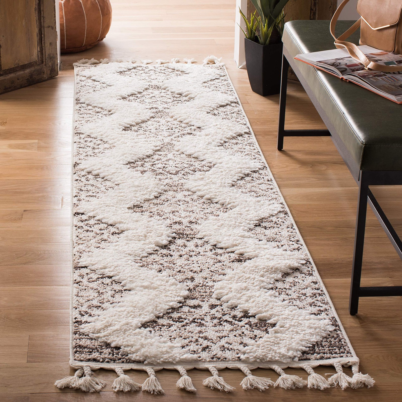 Moroccan Tassel Shag Collection Runner Rug – 2’3″ x 8′, Ivory & Brown, Boho D…