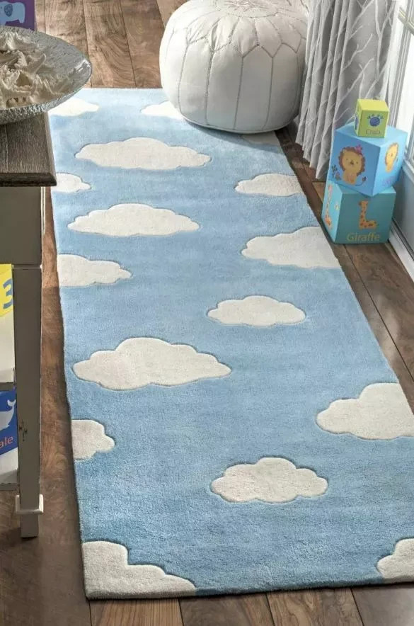 Kids Clouds Baby Blue Hand-Tufted 100% Wool Soft Area Rug Carpet