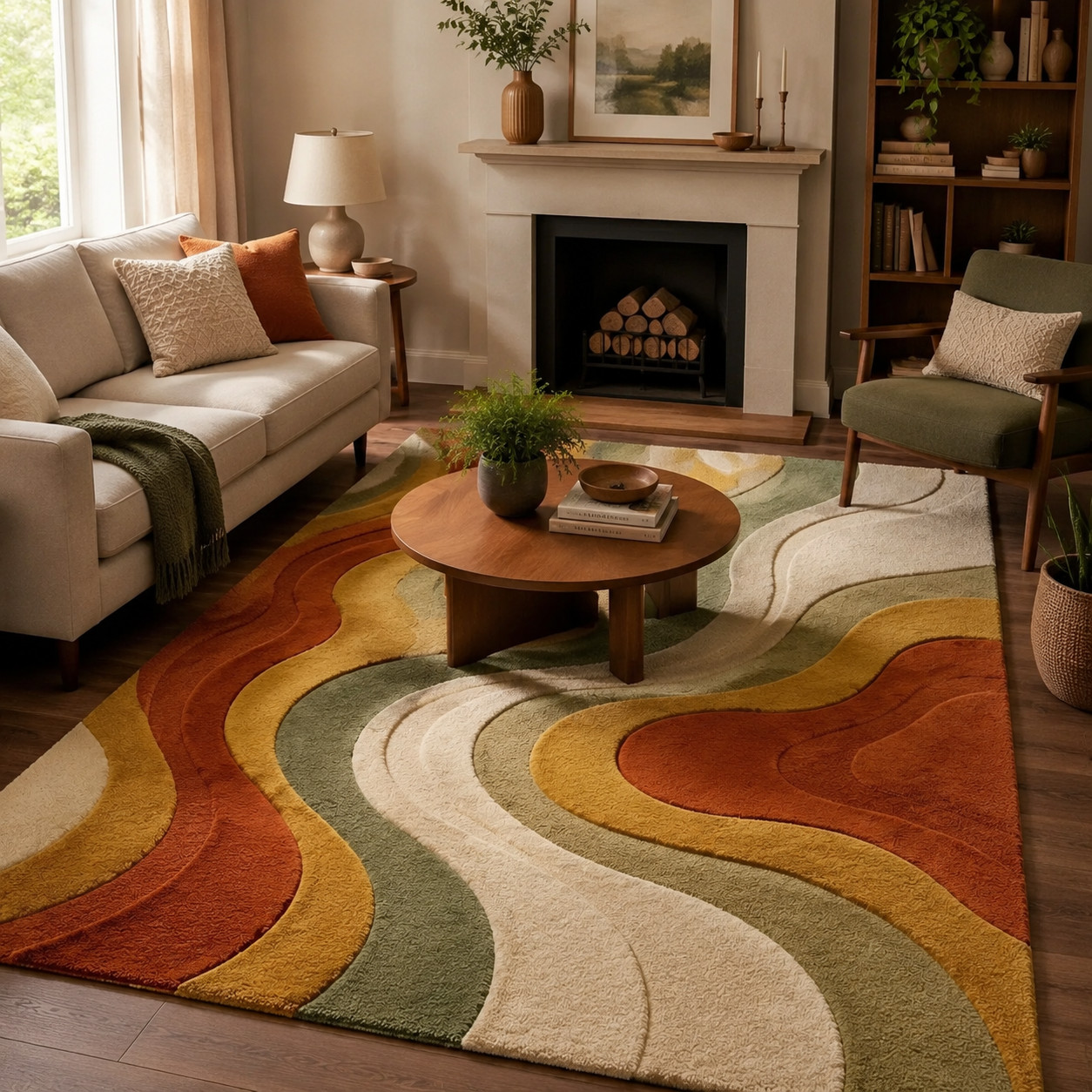 Modern Hand Tufted Rug Abstract Wavy Carpet, Colorful Wool Contemporary Style