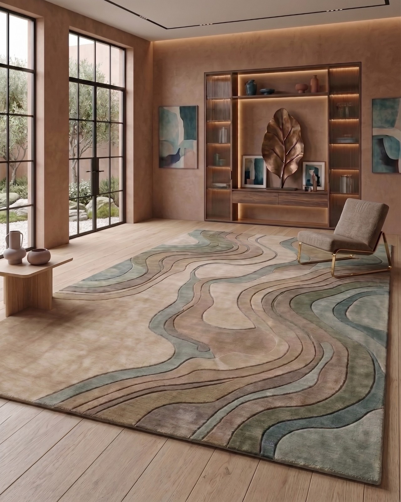 Hand Tufted Abstract Wool Rug Modern Sage Green Beige Carpet For Living Room