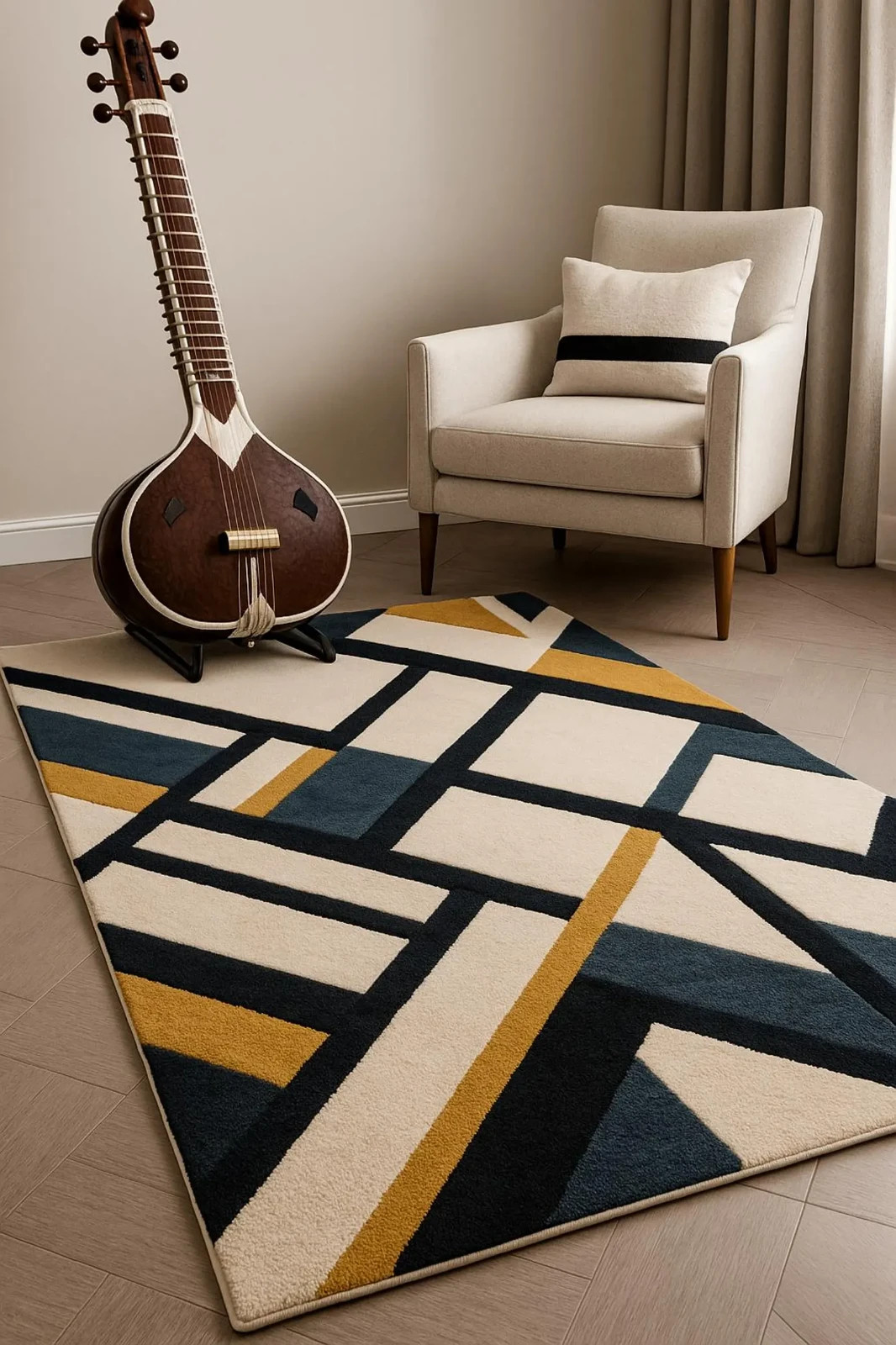 New Modern Geometric Hand Tufted Wool Rug – Blue Mustard Cream Area Rug Carpet