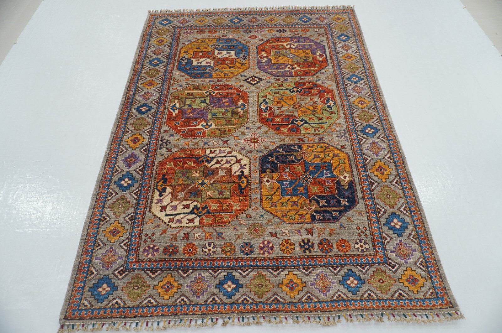 5 x 7 ft Gray Ersari Afghan Hand Knotted Wool Geometric Tribal Area Rug