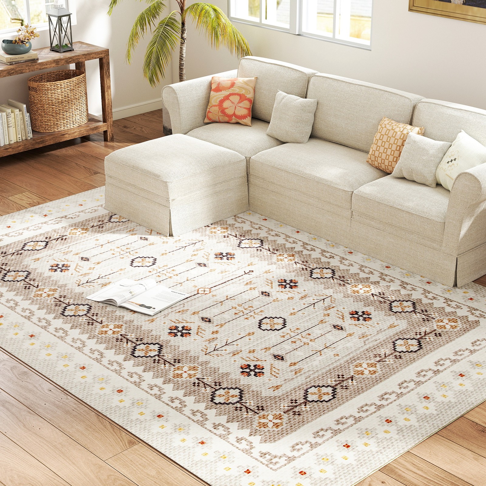 HOMCOM Area Rug 8×10, Non-Slip Boho Flannel Print Floor Carpet, Brown