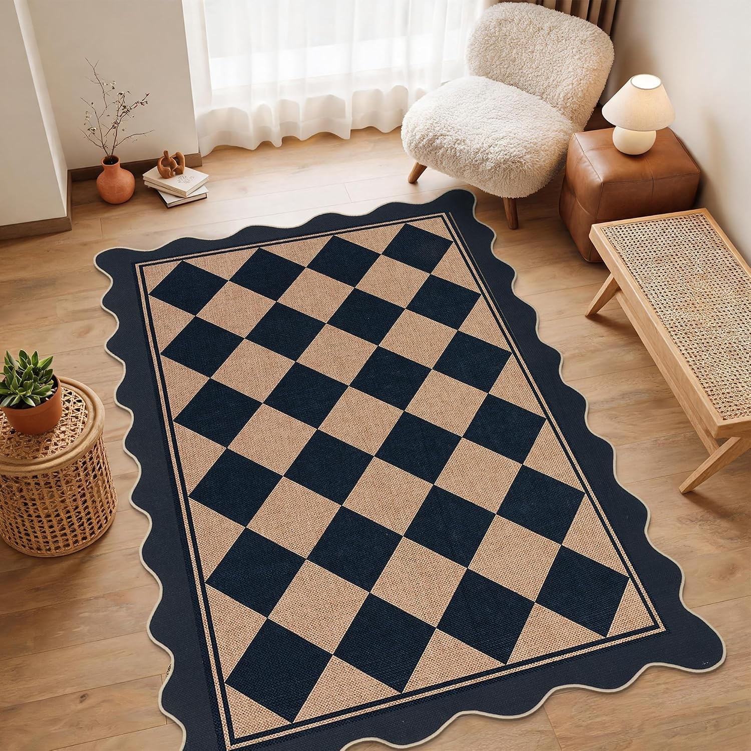 Scalloped Checkerboard Black White 5×7 Jute Washable Area Rug Living Room Patio