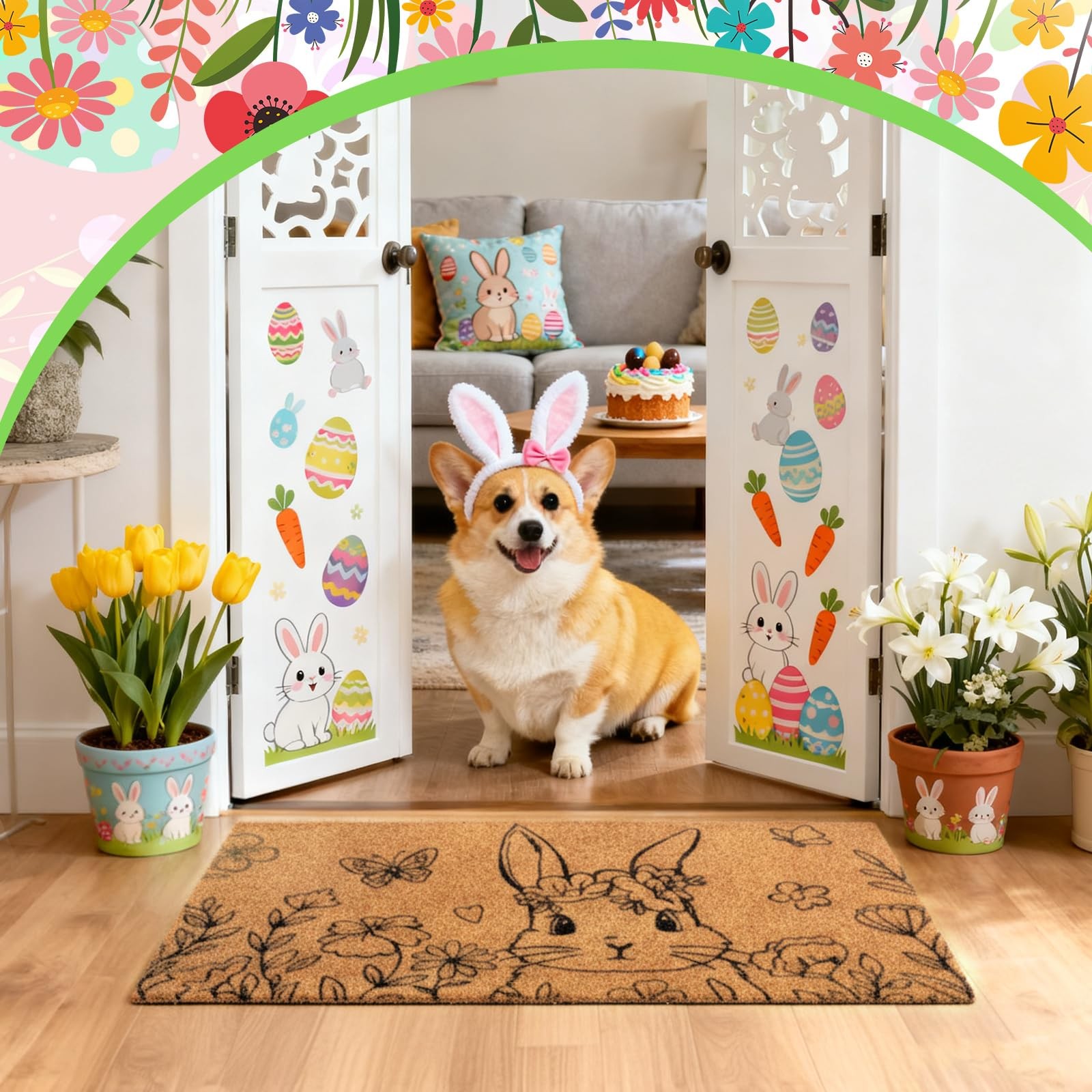 Easter Bunny Coir Doormat Outdoor Easter Welcome Door Mat Spring Floral Bunny…
