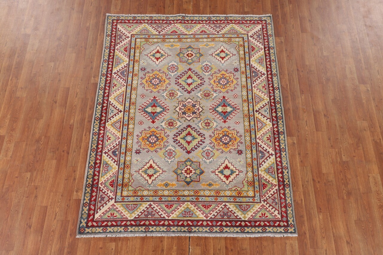 5×7 Geometric Purple & Oranges Hand-Knotted Wool Area Rug