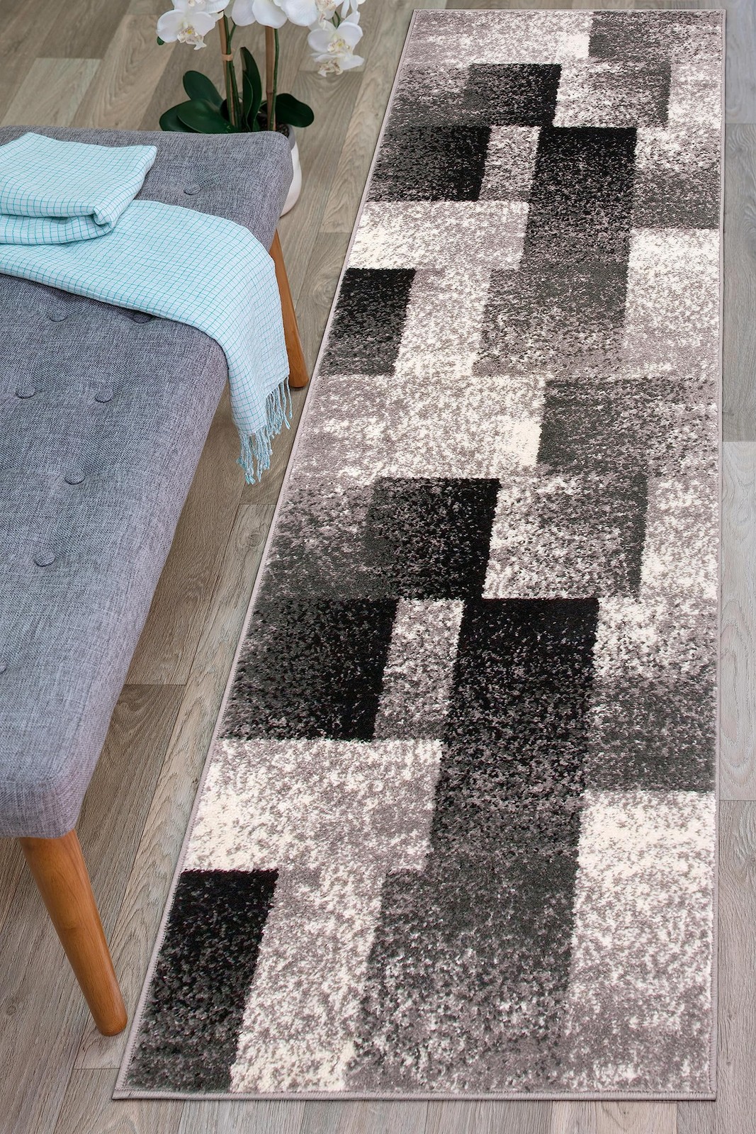 Gray Modern Distressed Boxes Non-Shedding Runner Rug, Durable Low-Maintenance…