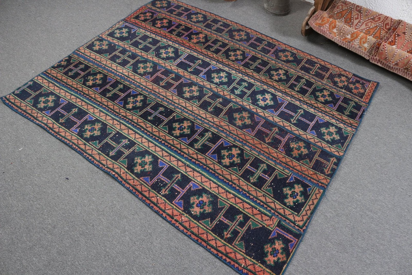 Vintage 4,6×5,4 ft Rug, Area Turkish Rug, Blue Abstract Wool Rug