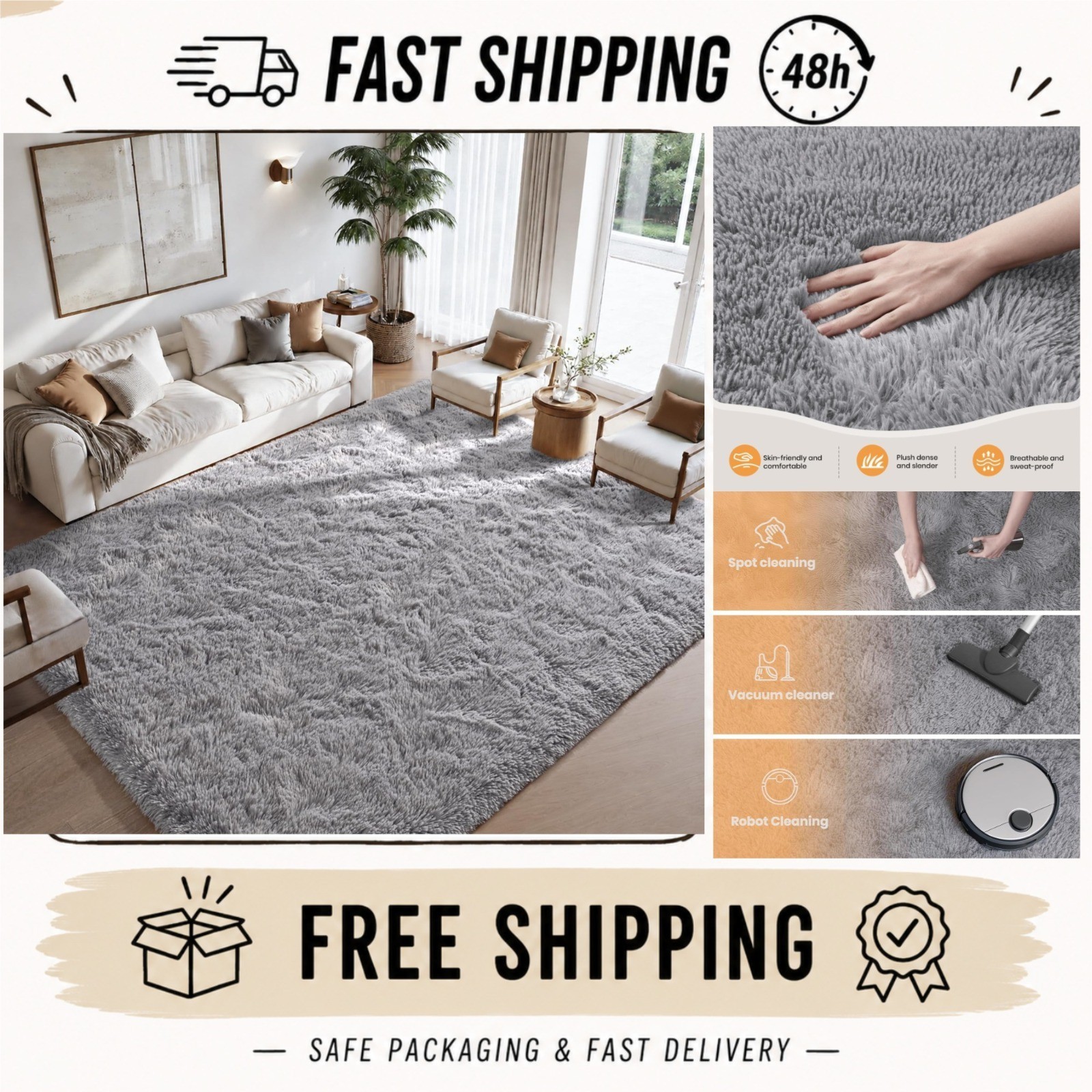 Zentavio Area Rug 5×8 Soft Plush Grey Shag Carpet for Living Room