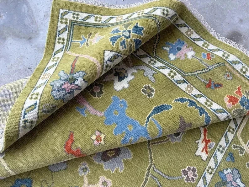 Hand Knotted Olive Green Oushak Wool Area Rug 5x8ft 8x10ft 9x12ft Custom