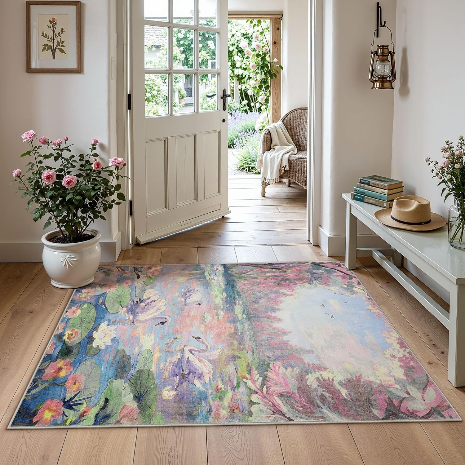 3×5/5×7 Swan Lake in oil painting style Area Rugs, Washable Soft Non Slip Carpet