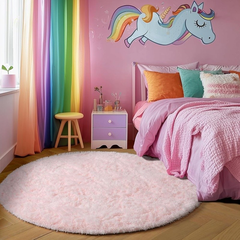 Fluffy Round Area Rug Non-Slip Polyester Kids Room Carpet Soft Plush Floor Mat