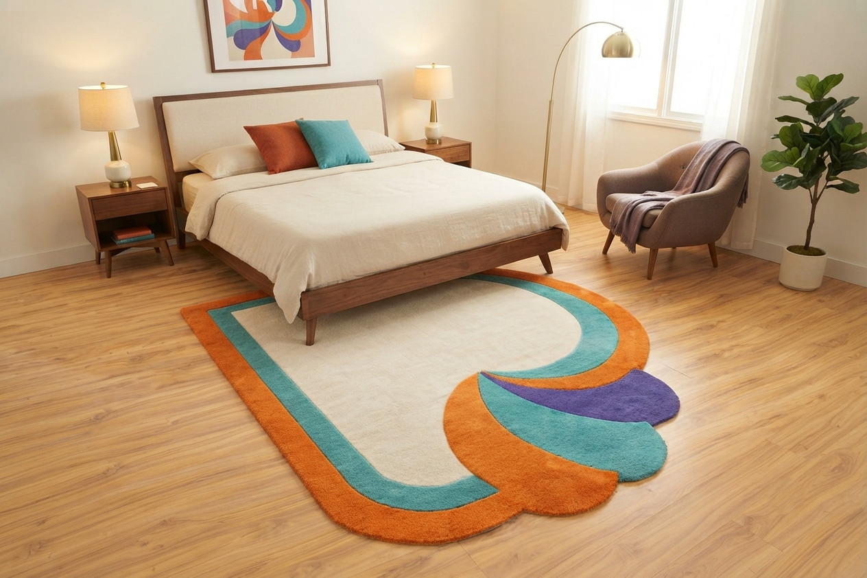 Hand Tufted Wool Area Rug Irregular Modern Abstract Orange White Blue Purple
