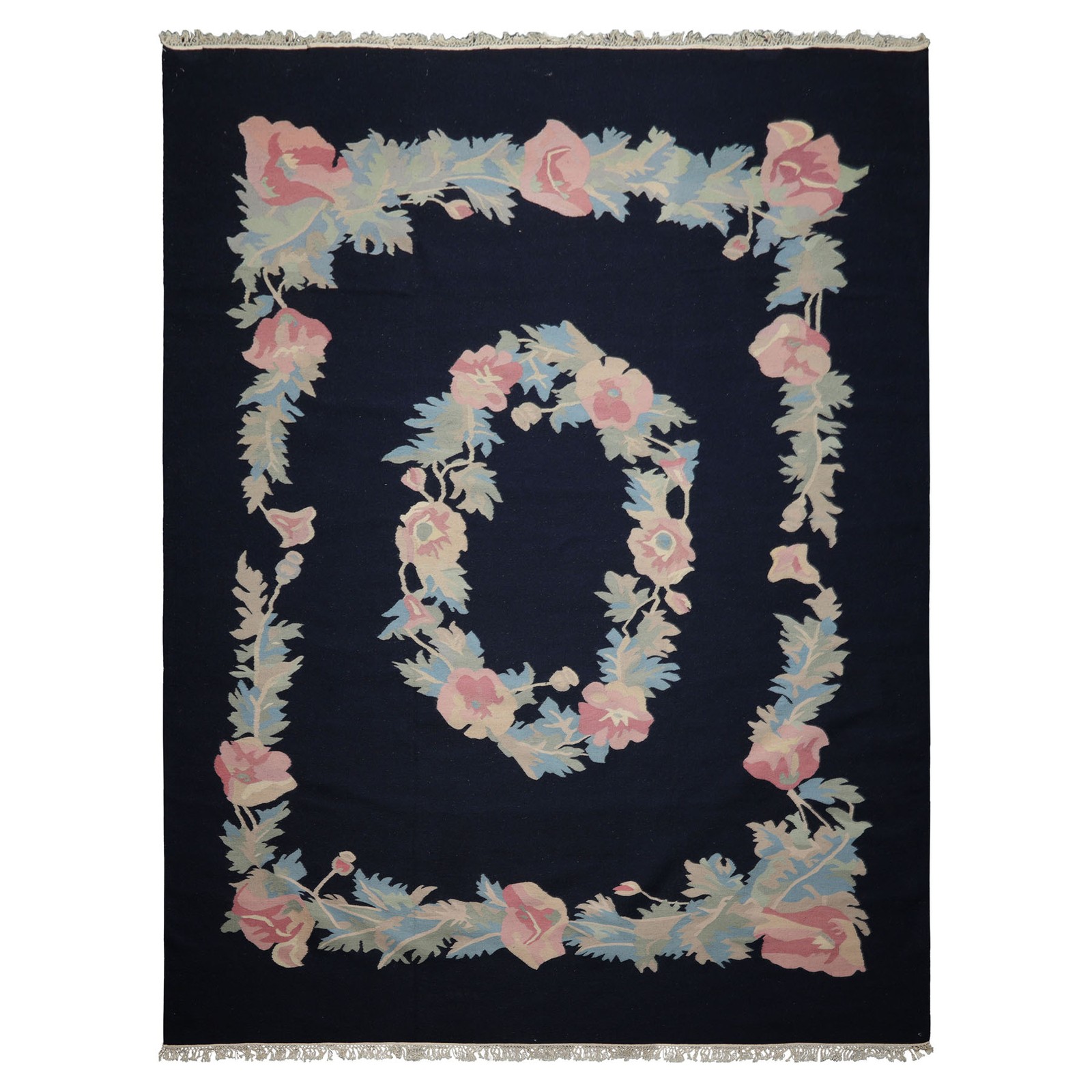 8’9”x12′ Hand Woven Wool Navy Kilim Romanian Flatweave Floral Area Rug
