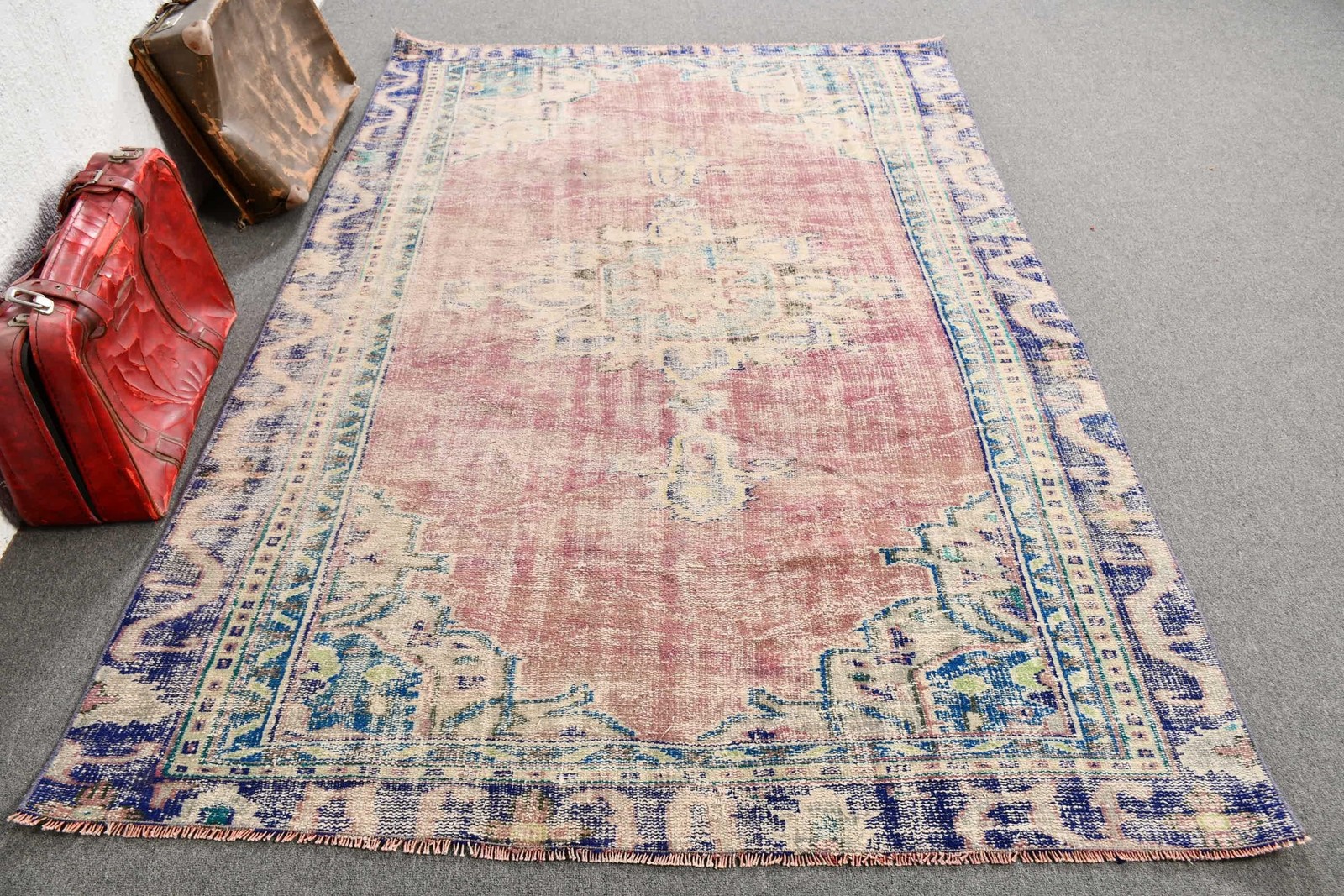5,6×8,9 ft Vintage Rug, Turkish Large Rug, Blue Floral Wool Rug