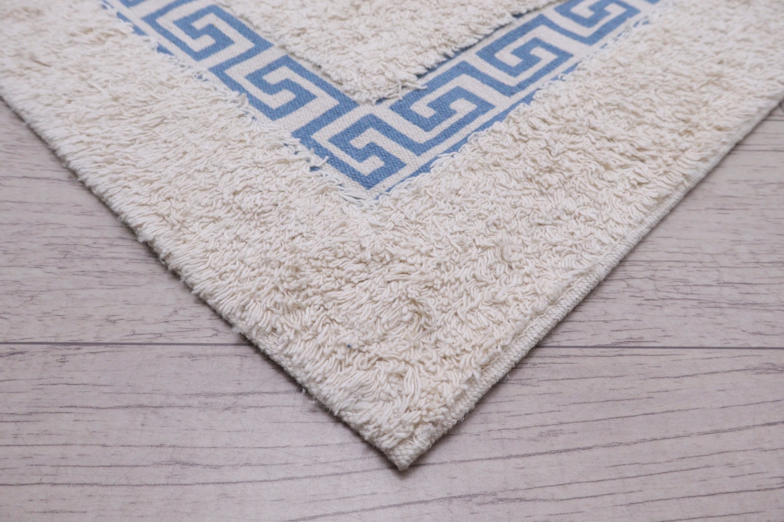 Hand Tufted Cotton Greek Key Rug Sky Blue Ivory Small Bath Mat Entrance Doormat