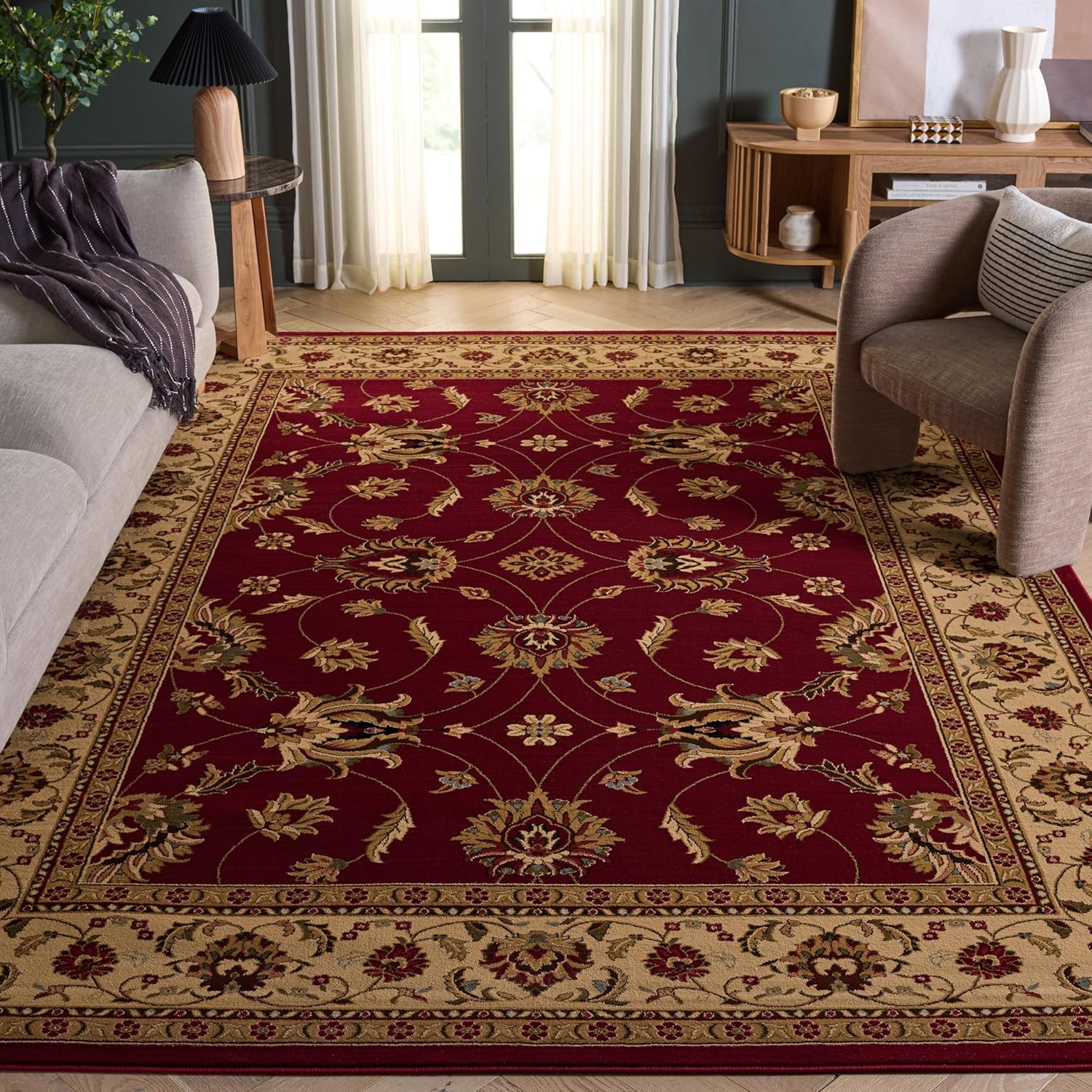 Lyndhurst 6’7″ x 9’6″ Red & Ivory Area Rug, Traditional Design, Easy Care