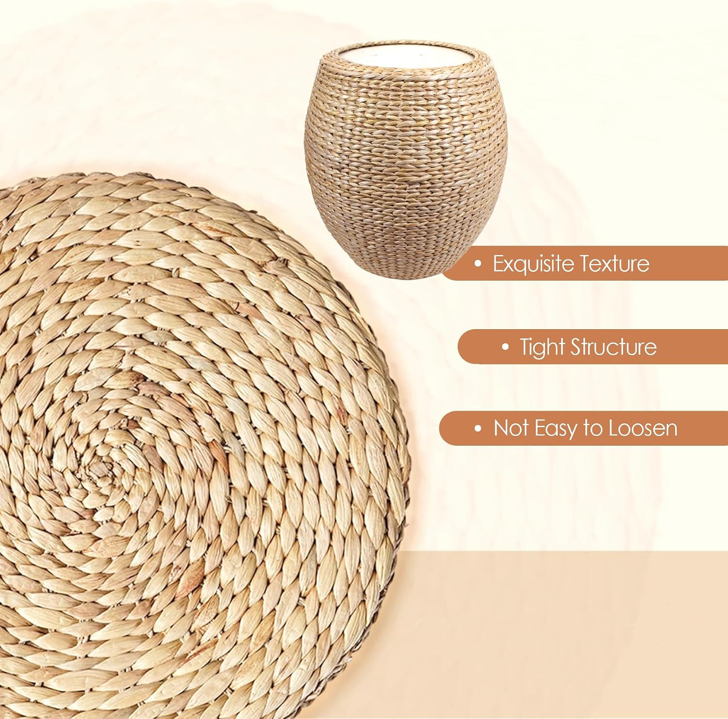 Round Handwoven Cattail Pouf Ottoman | Natural Braided Footstool, Boho Woven Flo