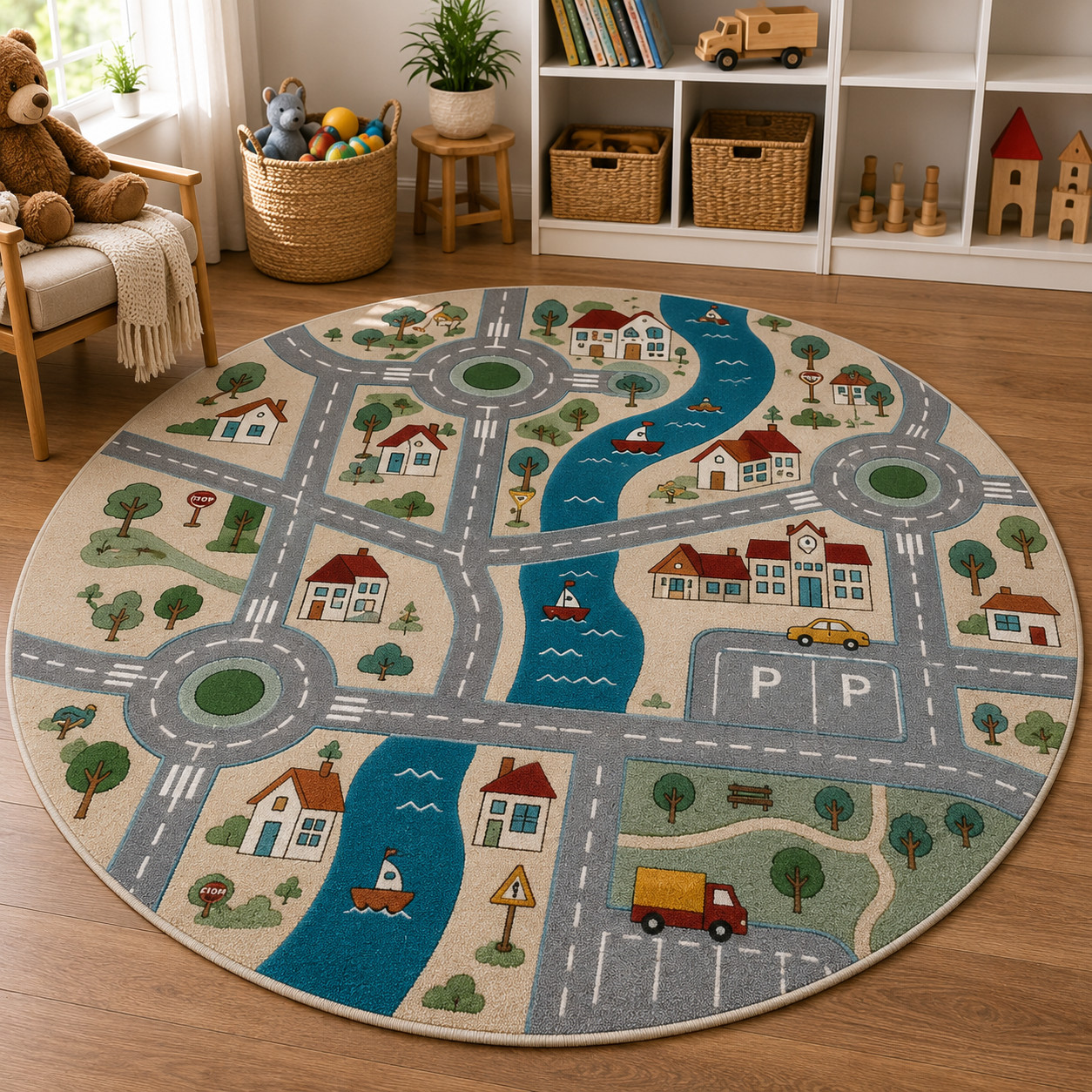 Kids City Road Play Rug | Hand Tufted Wool Playmat | Educational Car Track Rug
