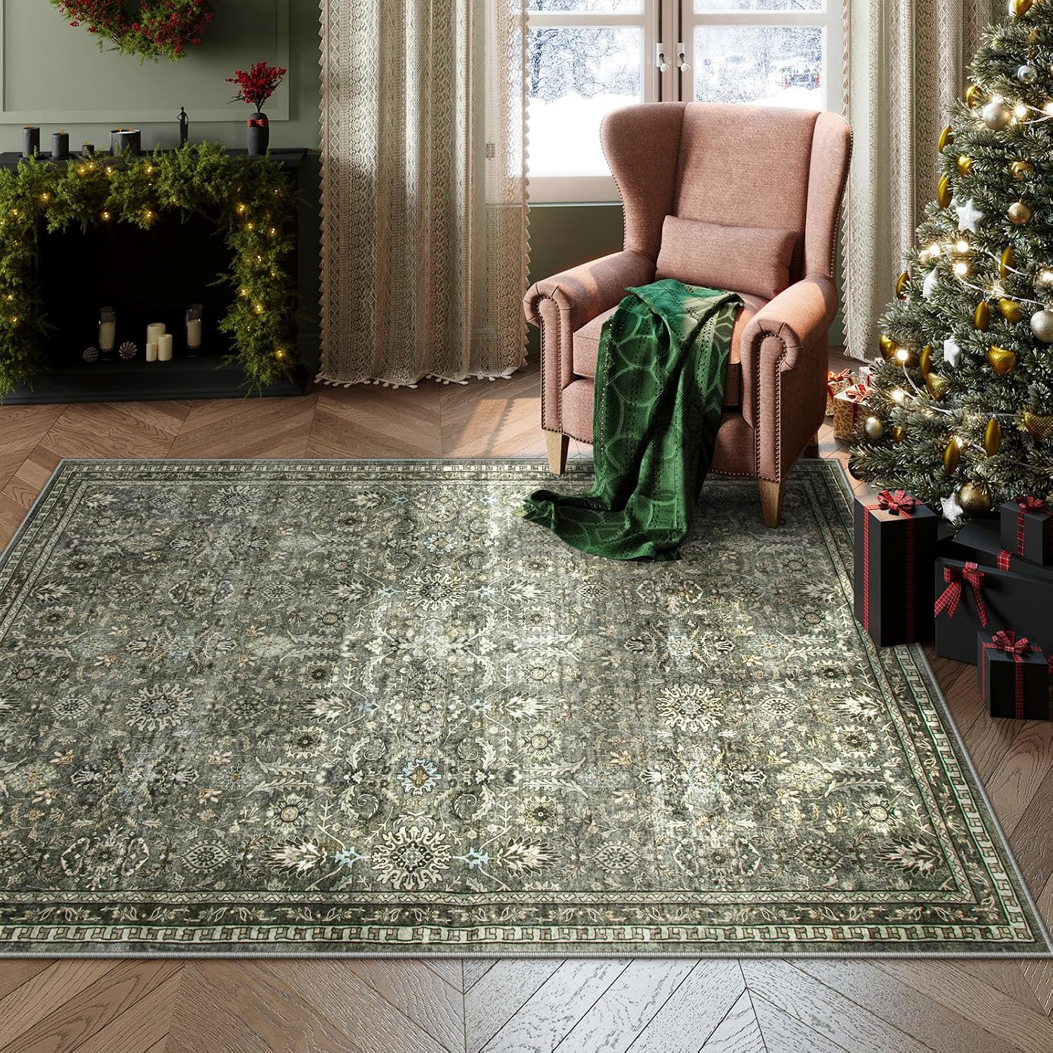 Sage Green Area Rug 6X9, Machine Washable Rugs for Living Room, Boho Vintage Sof