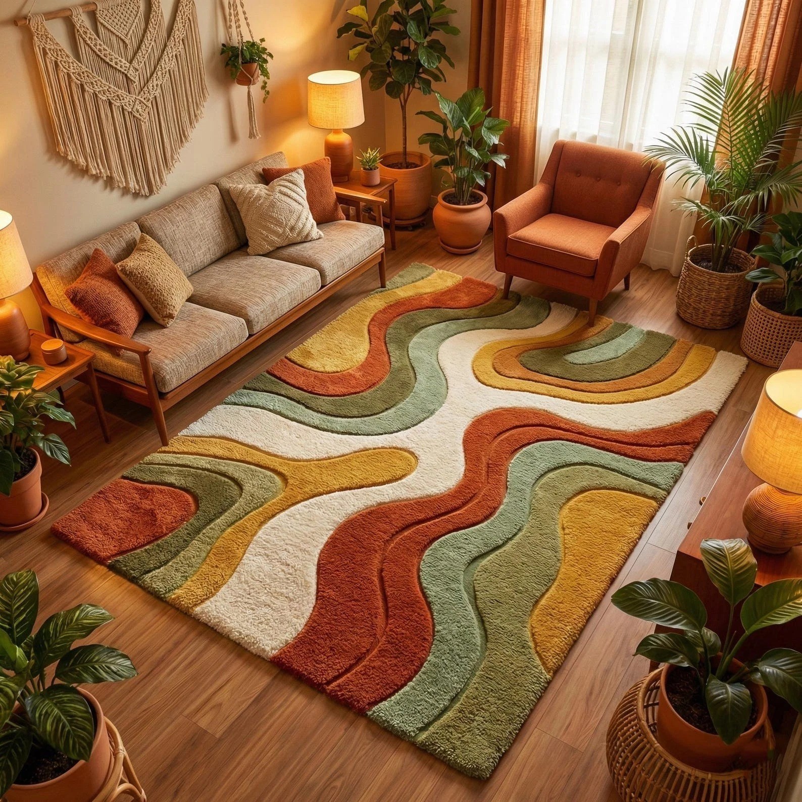 Hand Tufted Wool Rug Retro 70s Boho Wavy Abstract Mid Century Modern Area Rug