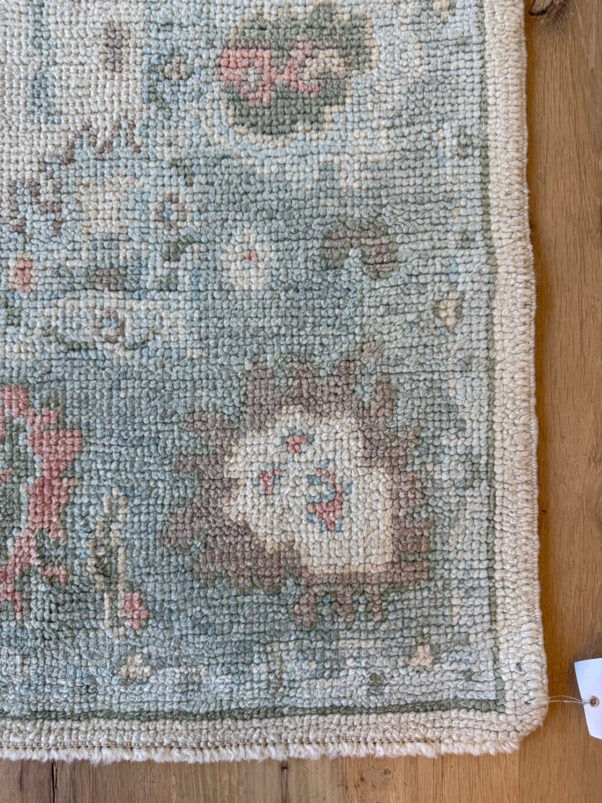 Ivory Aqua Hand Knotted Oushak Wool Area Rug, Distressed Floral Design