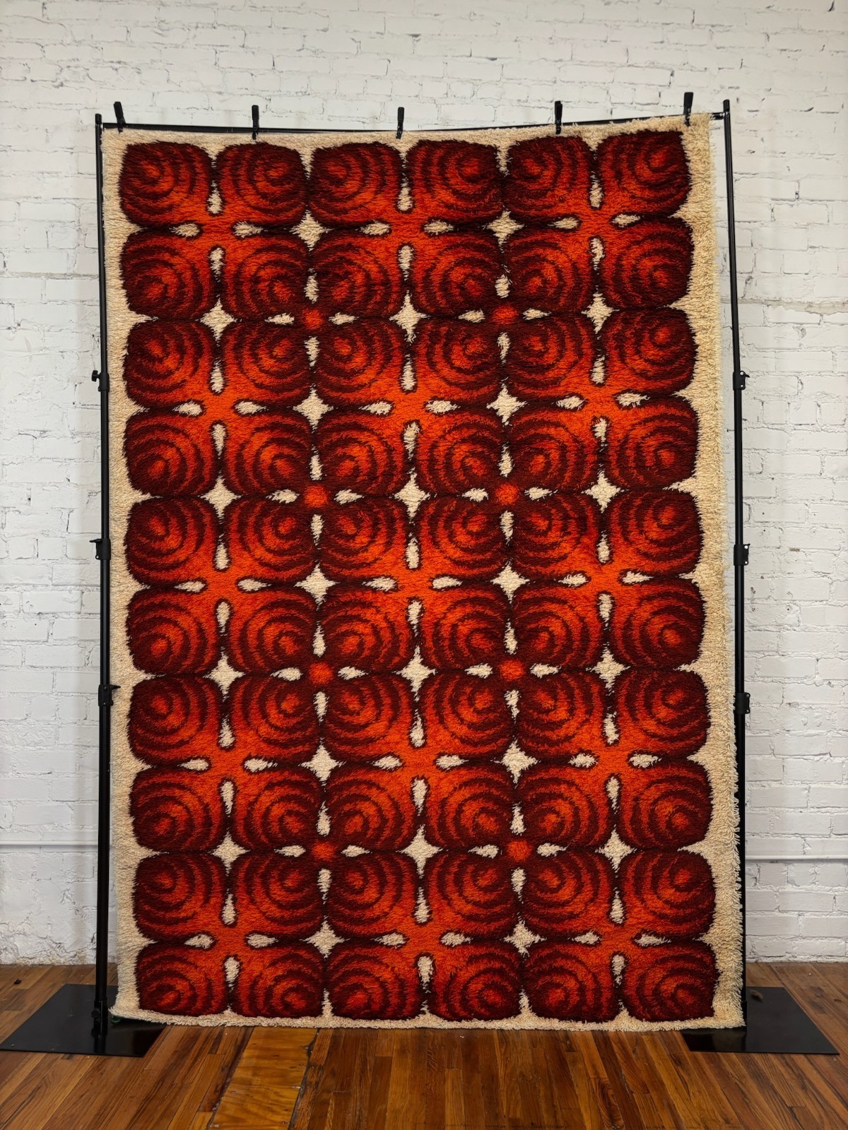 70s Bic Belgium Orange Red 15 Symmetric Shapes UNUSED Danish Rya Rug Mid Century