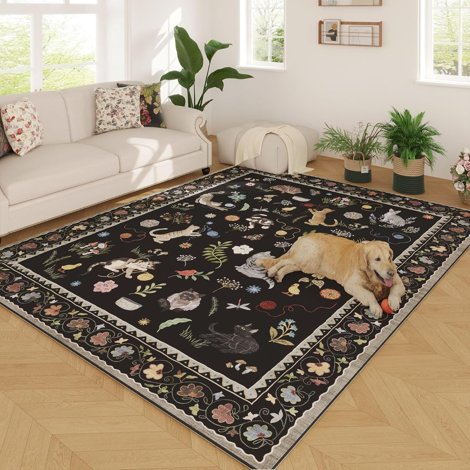 Boho Floral 5×7 Machine Washable Area Rug for Living Room & Kids Playroom