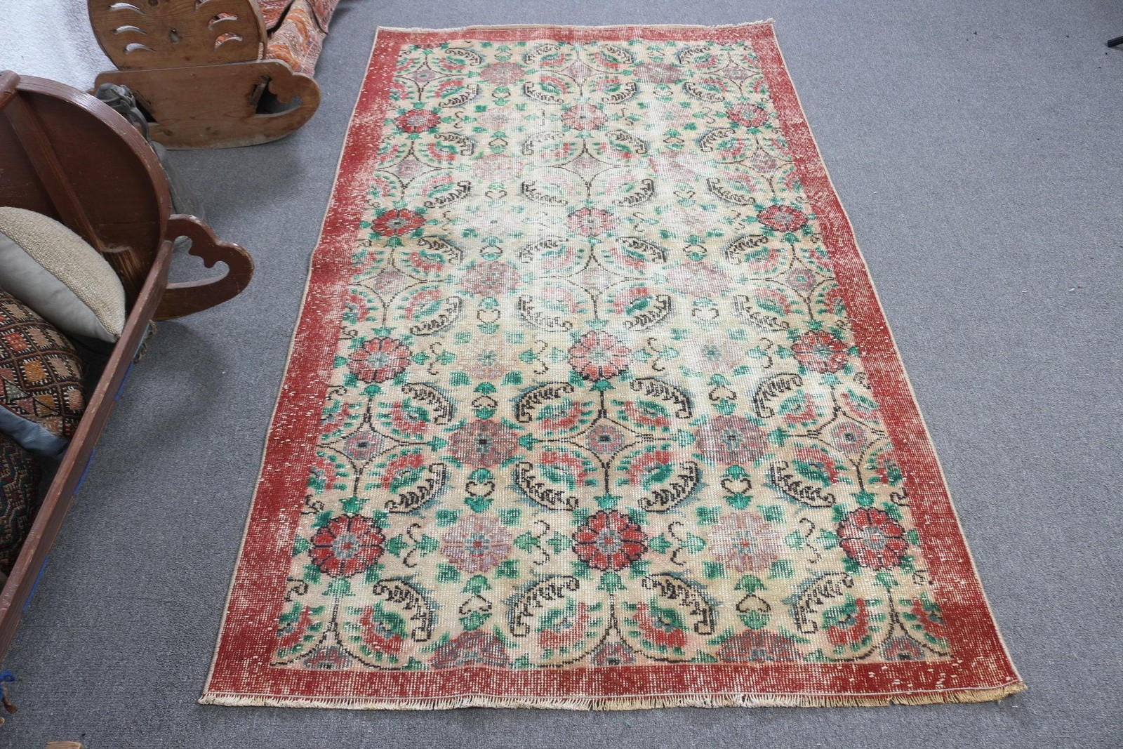 3,8×6,7 ft Vintage Rug, Turkish Area Rug, Red Green Camouflage Wool Rug