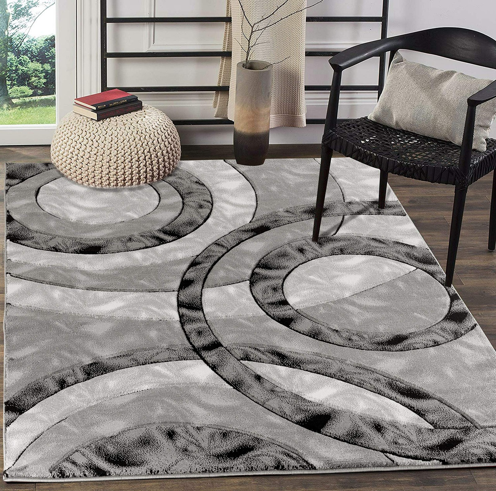 Modern 5×7 Grey Black Geometric Area Rug for Living Room, Bedroom, Dining Room