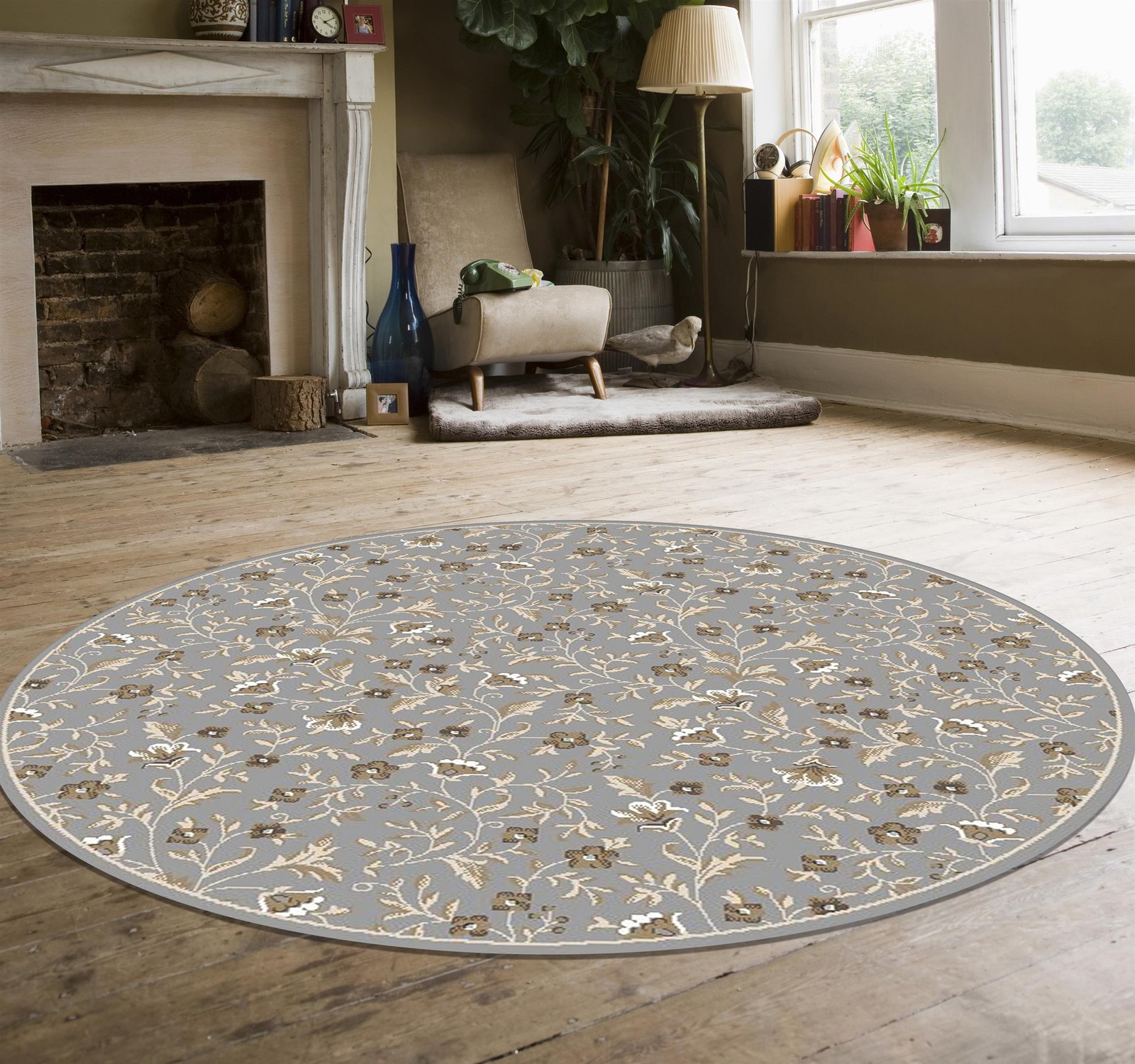 Radici USA Pisa Botanical Floral Gray 7’10” Round Polypropylene Area Rug