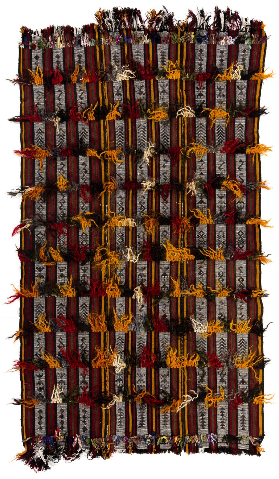 5.2×9.2 Ft Banded Tribal Kilim, Floor Covering with Wool and Cotton Poms