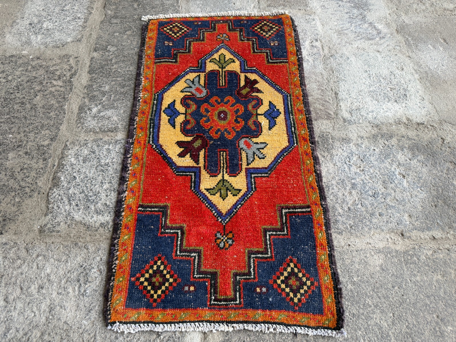 Vintage Turkish Oushak Rug 1.9×3.7 ft Red Navy Boho Hand Knotted Wool Rug