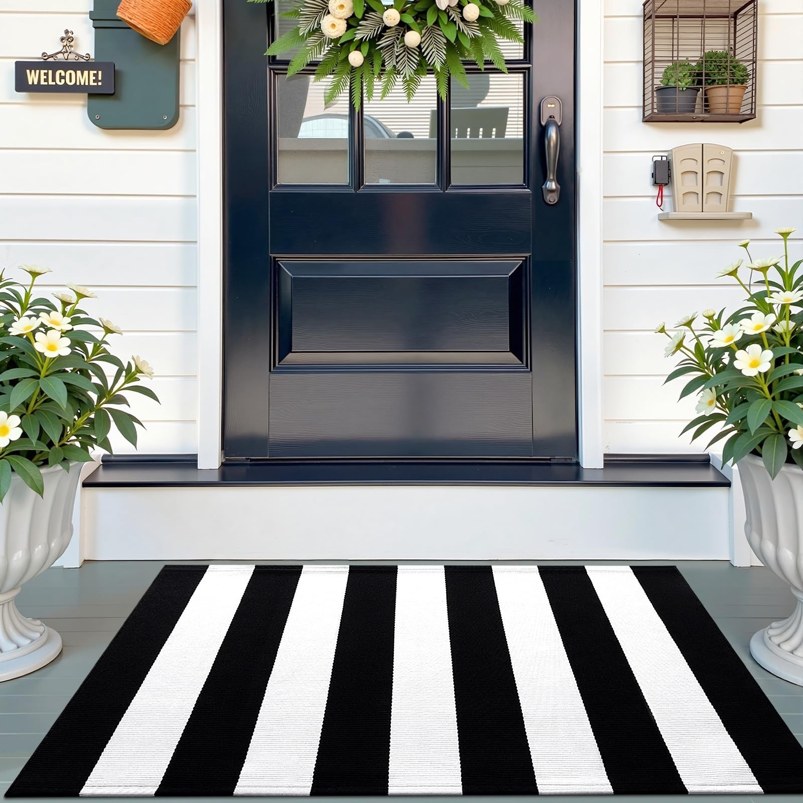 Black and White Striped Rug 2’4″ x 3’7″ (27.5″ x 43″) – Washable Cotton Indoo…