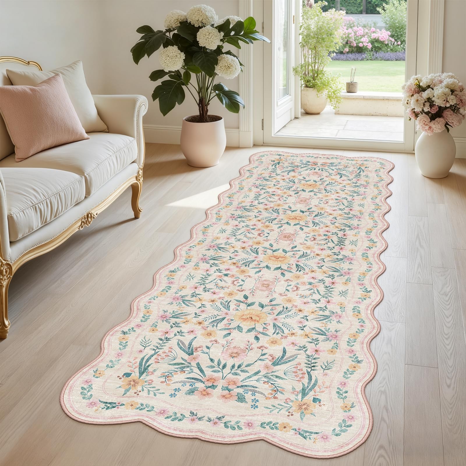 Dadasgk Scalloped Floral Runner Rug 2×6, Pink Washable Non-Slip Boho Hallway …