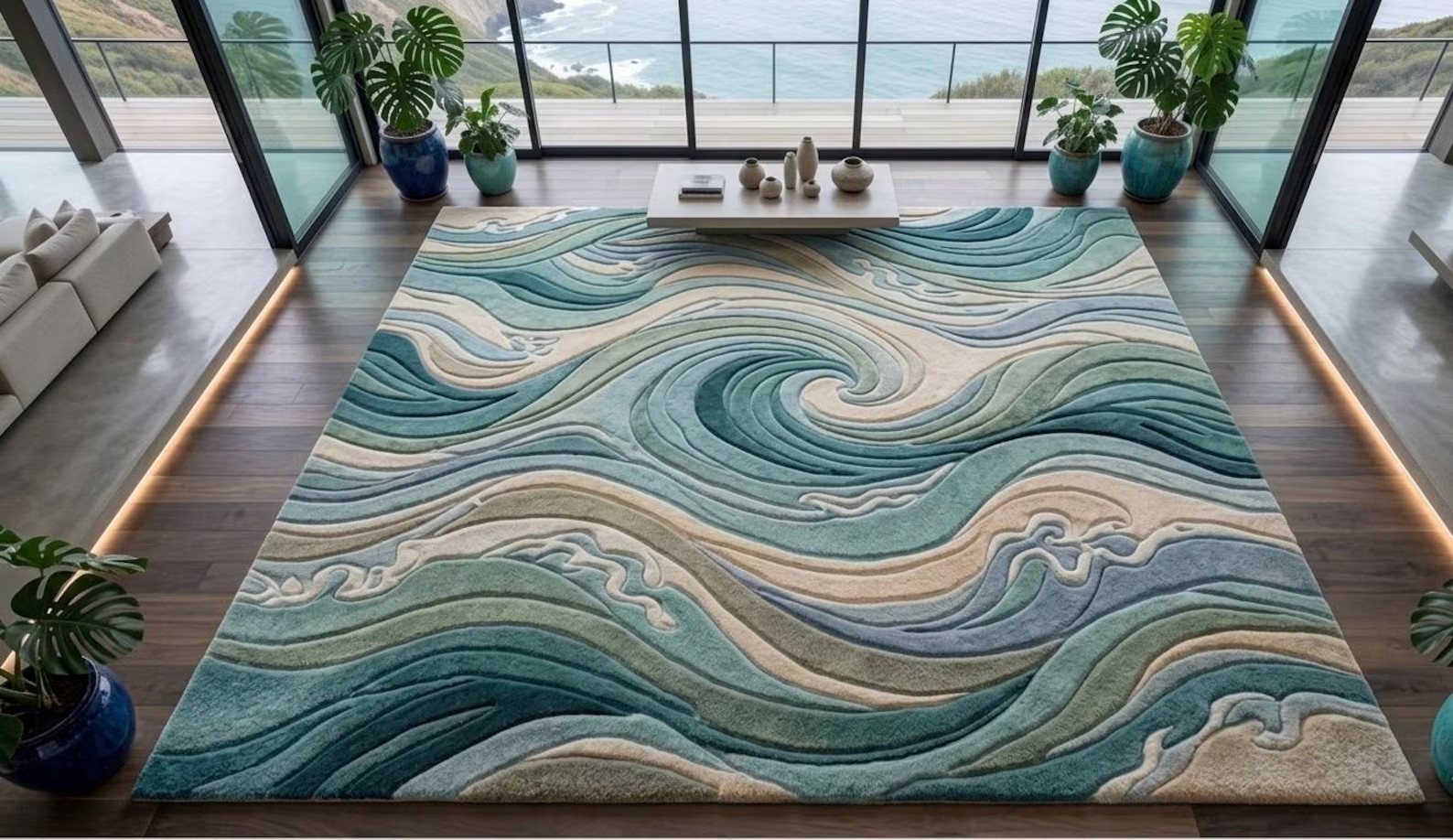 Hand-Tufted Wool Wave Rug – Abstract Ocean Texture, Coastal Living Room Area Rug