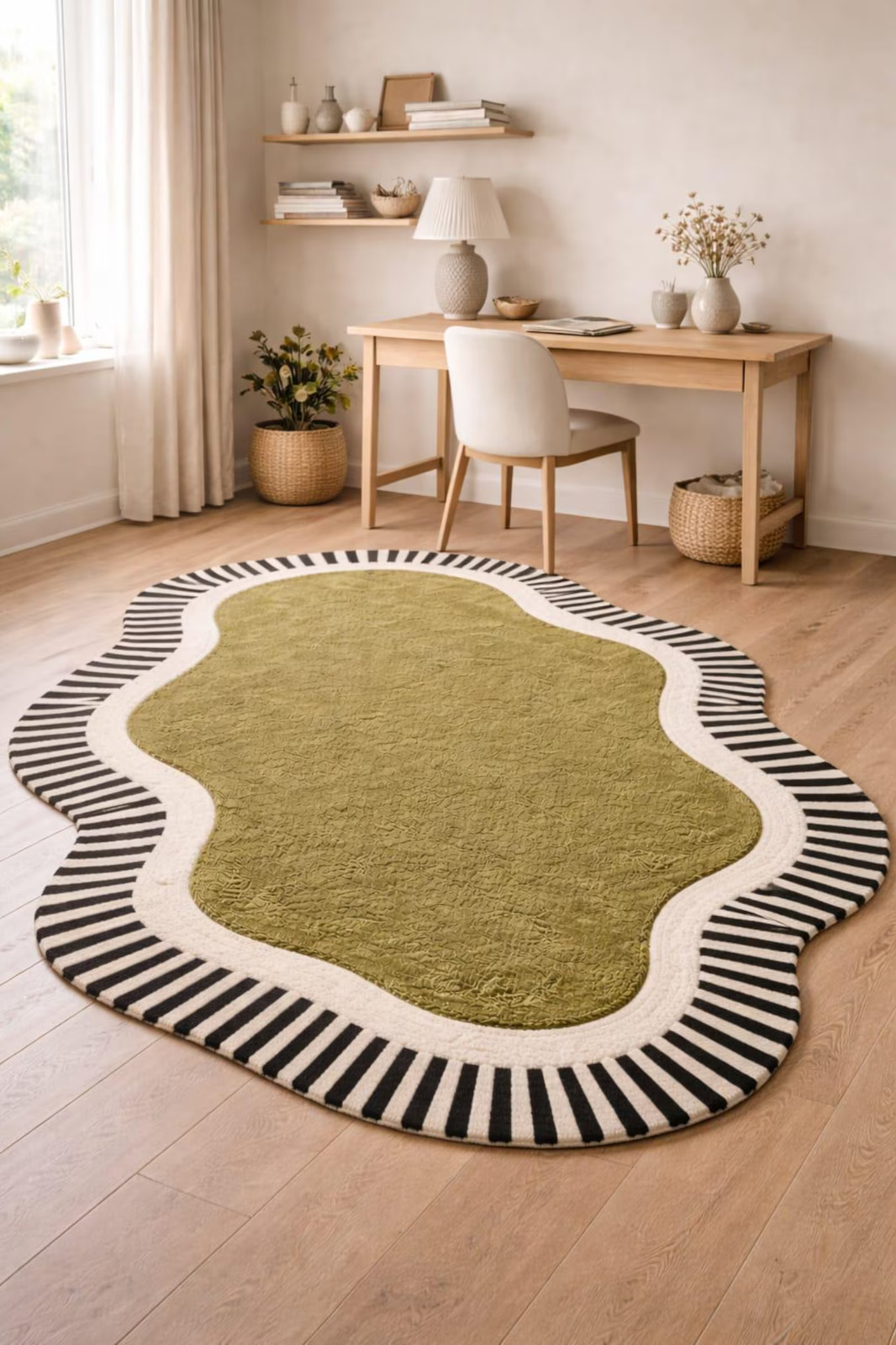Organic Shape Nursery Rug, Olive Green Hand Tufted New Zealand Wool Carpet Rug