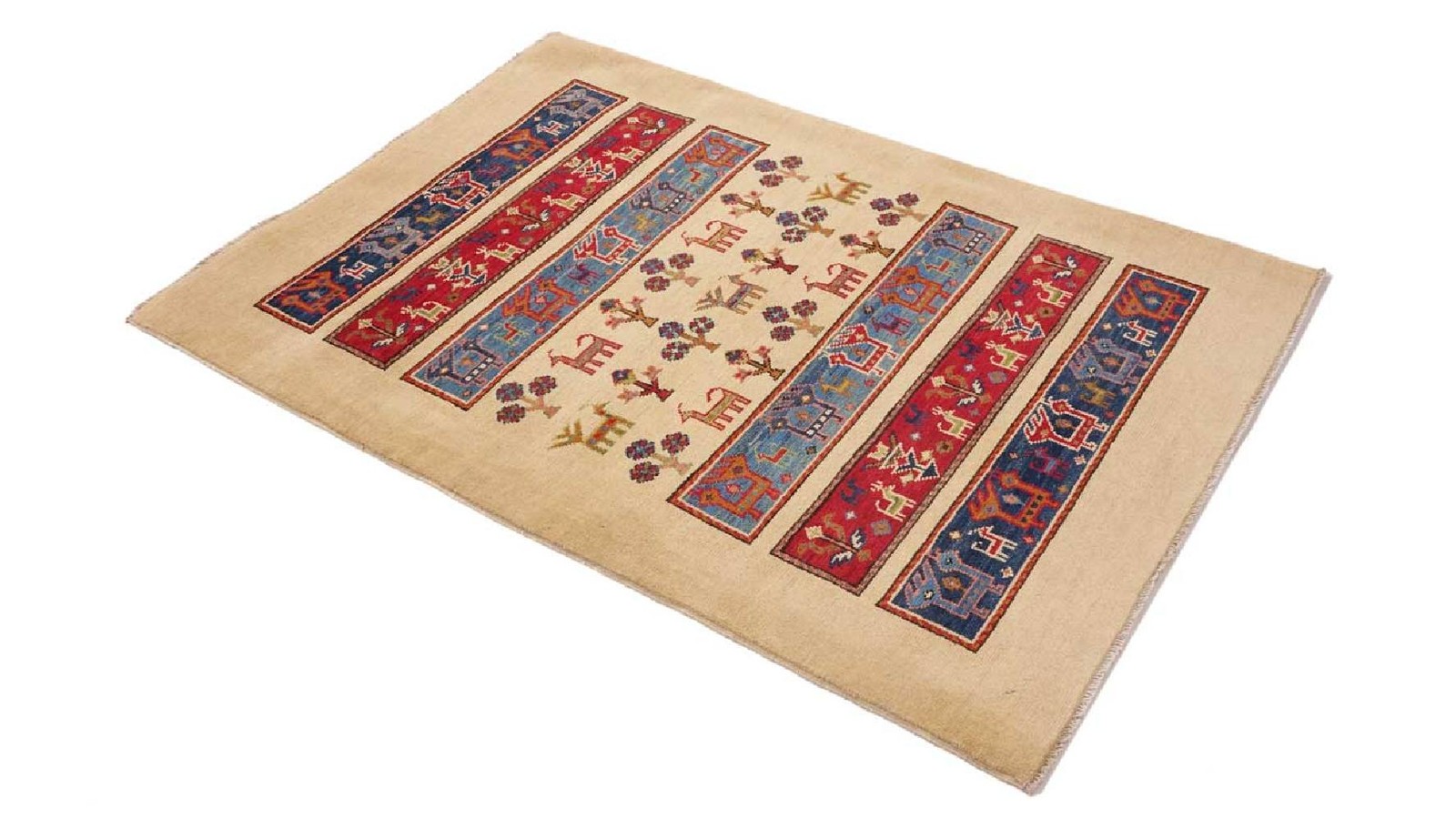 Super Kazak Animal Motif Rug 100×150 Hand-Knotted Beige Nomad Pattern