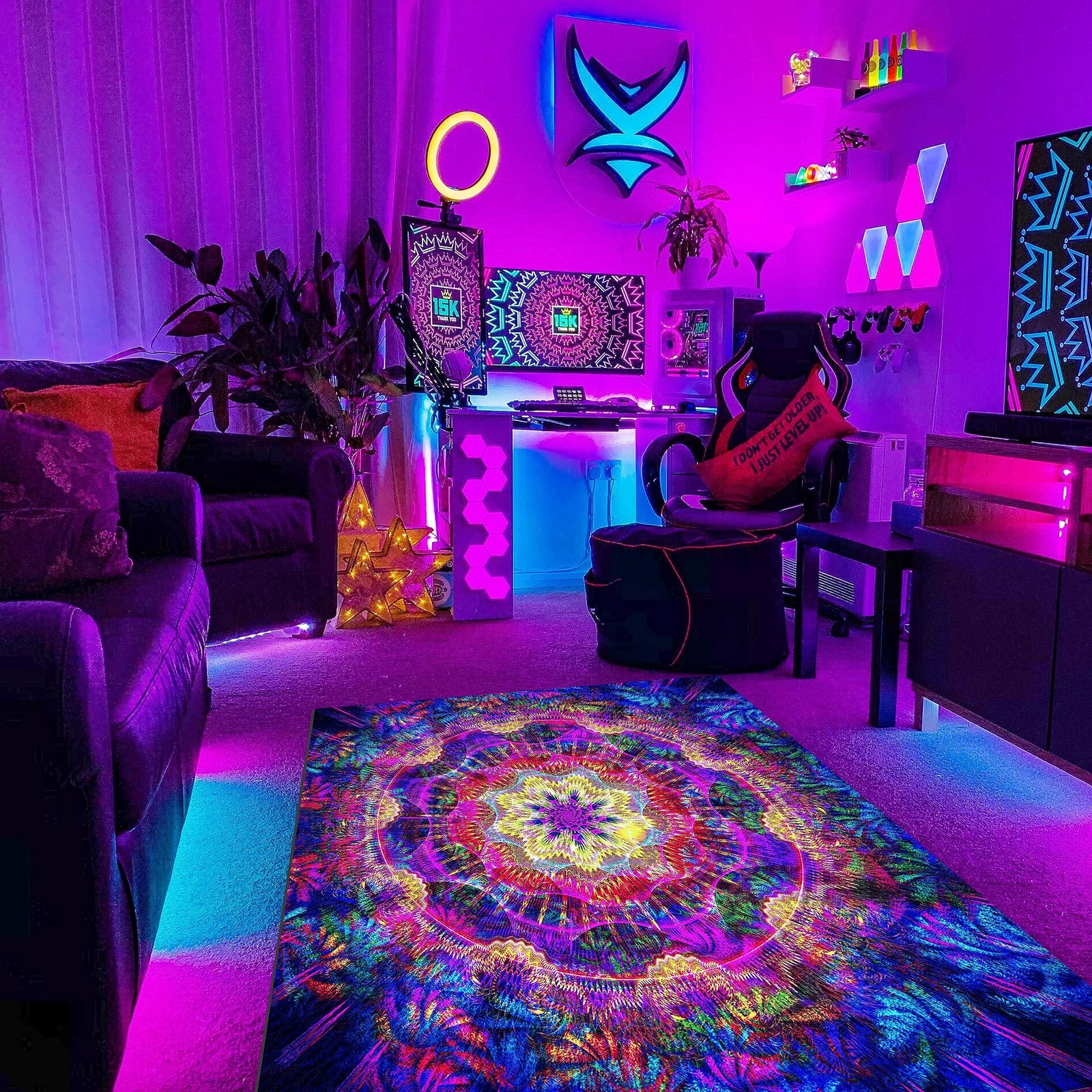 Trippy Mandala Area Rug Black Light,Large UV Reactive Glow in The Dark Boho N…