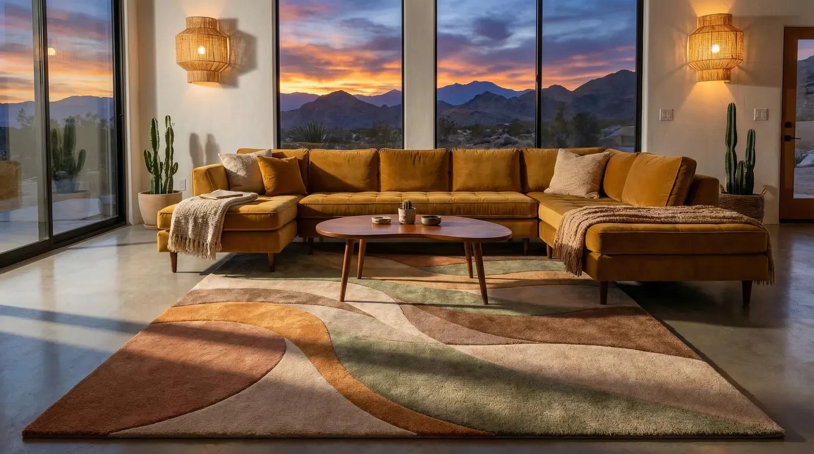 Modern Abstract Hand Tufted in Sage Green Terracotta & Beige, High Low Area Rug
