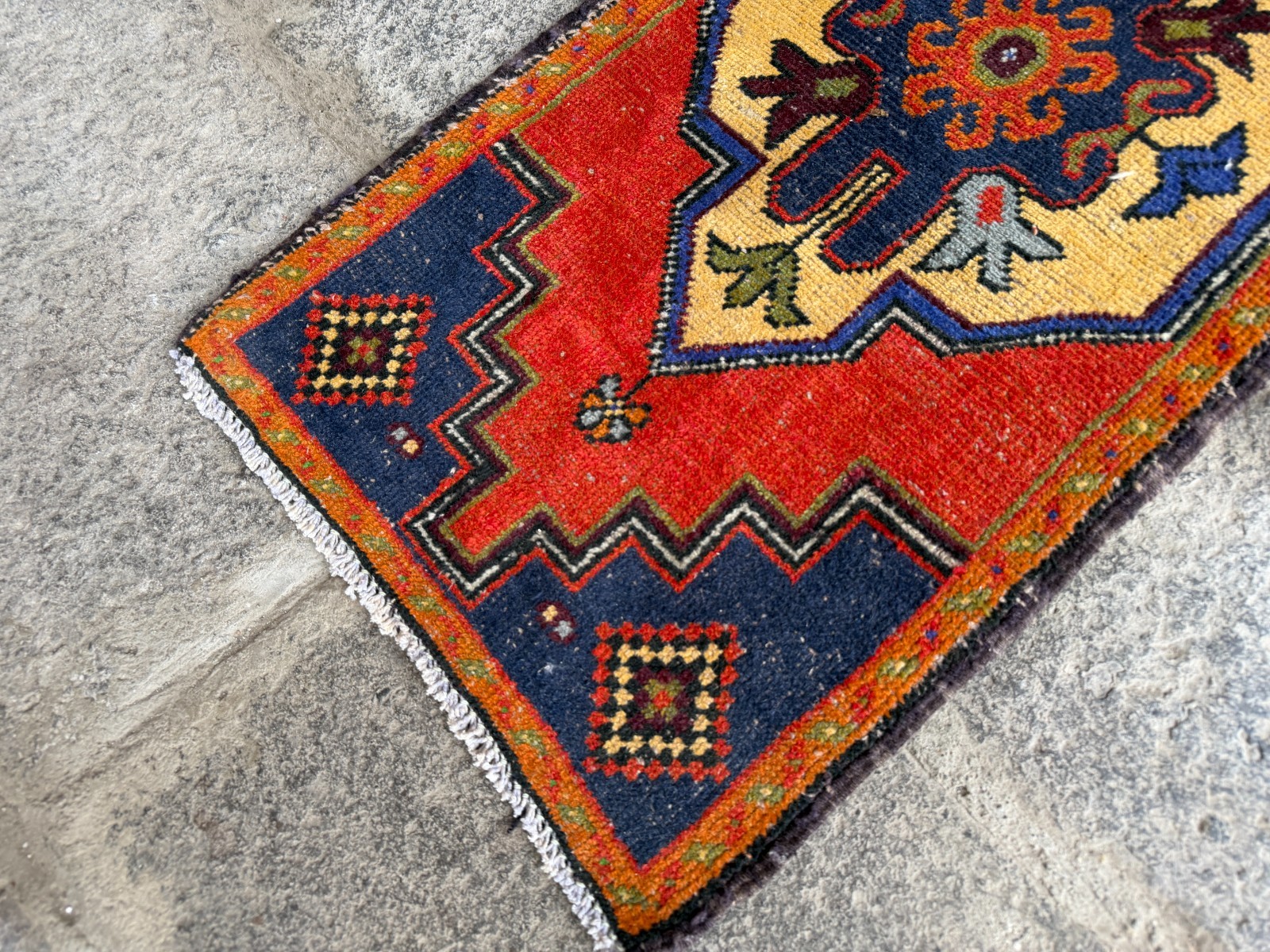 Vintage Turkish Oushak Rug 1.9×3.7 ft Red Navy Boho Hand Knotted Wool Rug