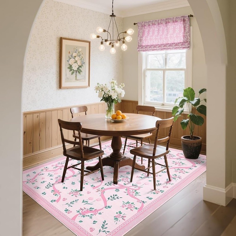 Floral Bow Area Rug Soft Faux Wool Anti-Slip Kids Pets Safe Washable 6×9 Feet US